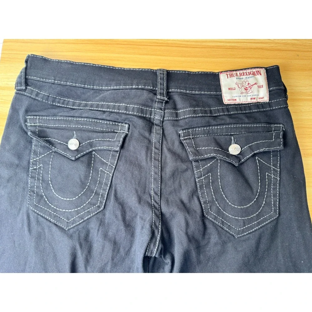 Y2K True Religion Ricky Relaxed Straight Black Grey Stitch Flap Jeans Sz 36